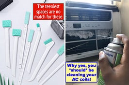a set of eight small cleaning brushes with text: the teeniest spaces are no match for these / reviewer spraying a coil cleaning foam onto an air conditioner with text: why yes, you *should* be cleaning your AC coils!