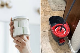 on left, hand holding container of fizzy toilet cleaning pods. on right, red spin mop in bucket on tiled floor