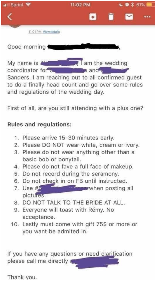 An email with rules and regulations for a wedding