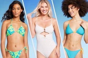 Three images of models wearing bathing suits