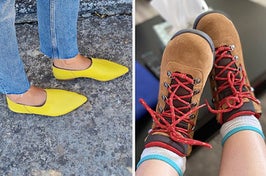 on left, model wearing bright yellow pointy-toe flats. on right, reviewer wearing brown hiking boots with red laces