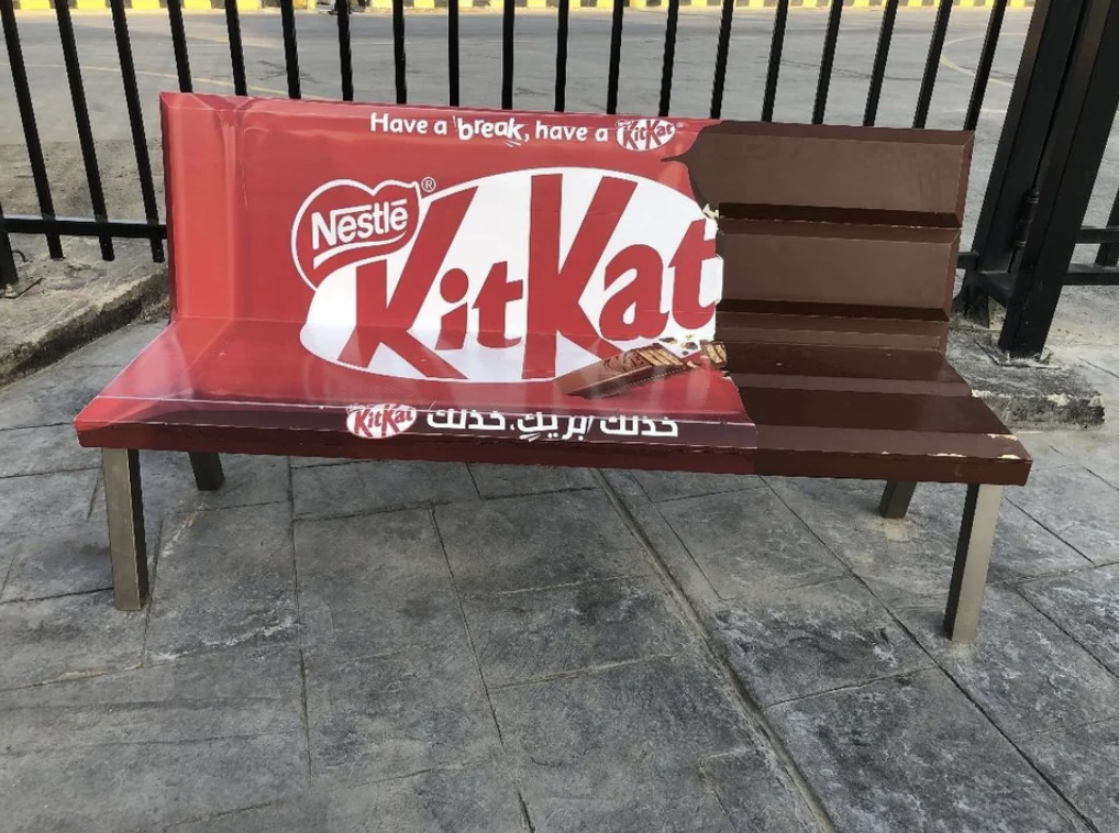kit kat wrapper on half of the bench