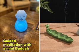 side by side photos of a blue mini buddah and an incense holding frog