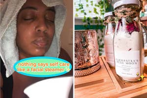 reviewer putting face up to facial steamer and a bottle of Cleopatra milk bath