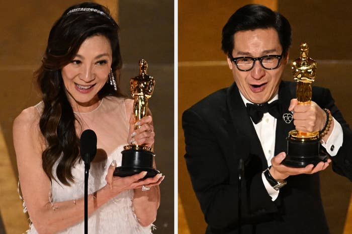 Left: Michelle Yeoh accepts Oscar for Best Actress in Lead Role | Right: Ke Huy Quan accepts Oscar for Best Actor in Supporting Role