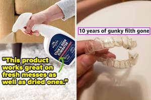 L: stain-removing spray with reviewer quote on image "this product works great on fresh messes as well as dried ones" R: a clean dental aligner with reviewer quote "10 years of gunky filth gone"