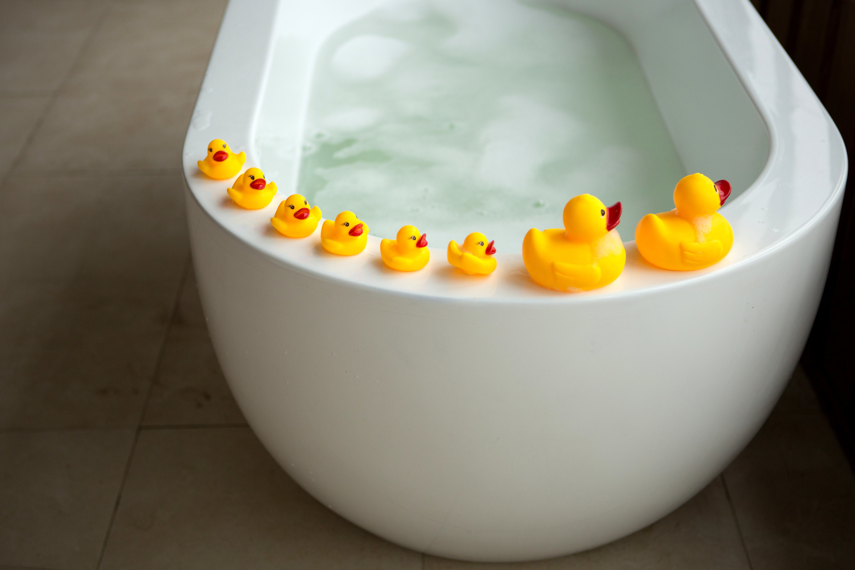rubber ducks lined up on bathtub ledge