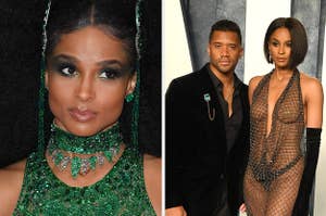 Ciara looks off to the side as a photographer takes her photo vs Ciara stands with Russell Wilson as he wraps his hand around her back while posing for a photo
