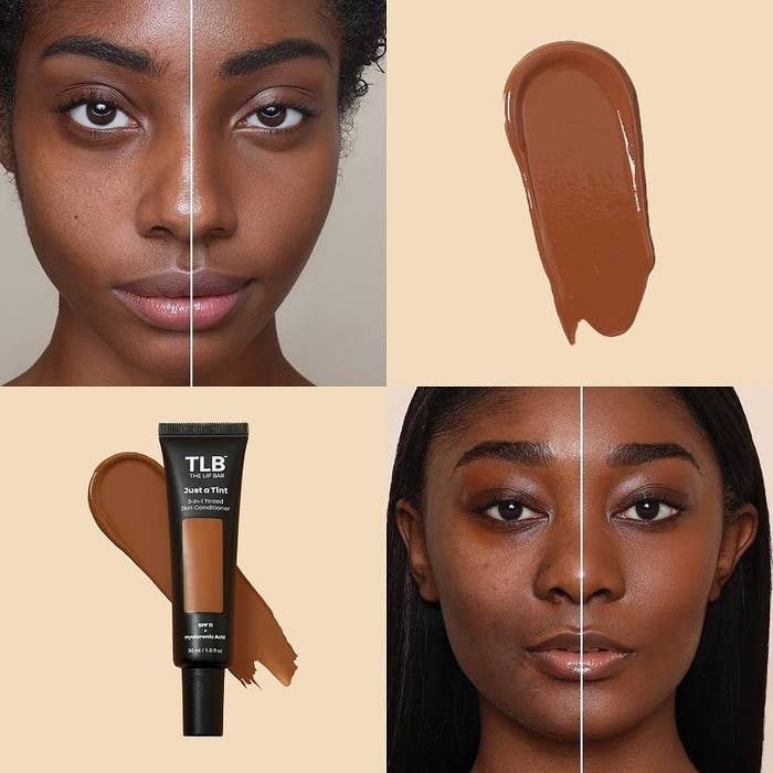 A quartet of photos with a tinted moisturizer, a swatch of liquid makeup, and two before and after images of people using the product