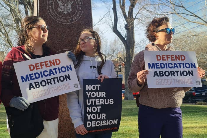 Abortion rights adovcates gather in front of the J Marvin Jones Federal Building and Courthouse in Amarillo, Texas, on March 15, 2023.