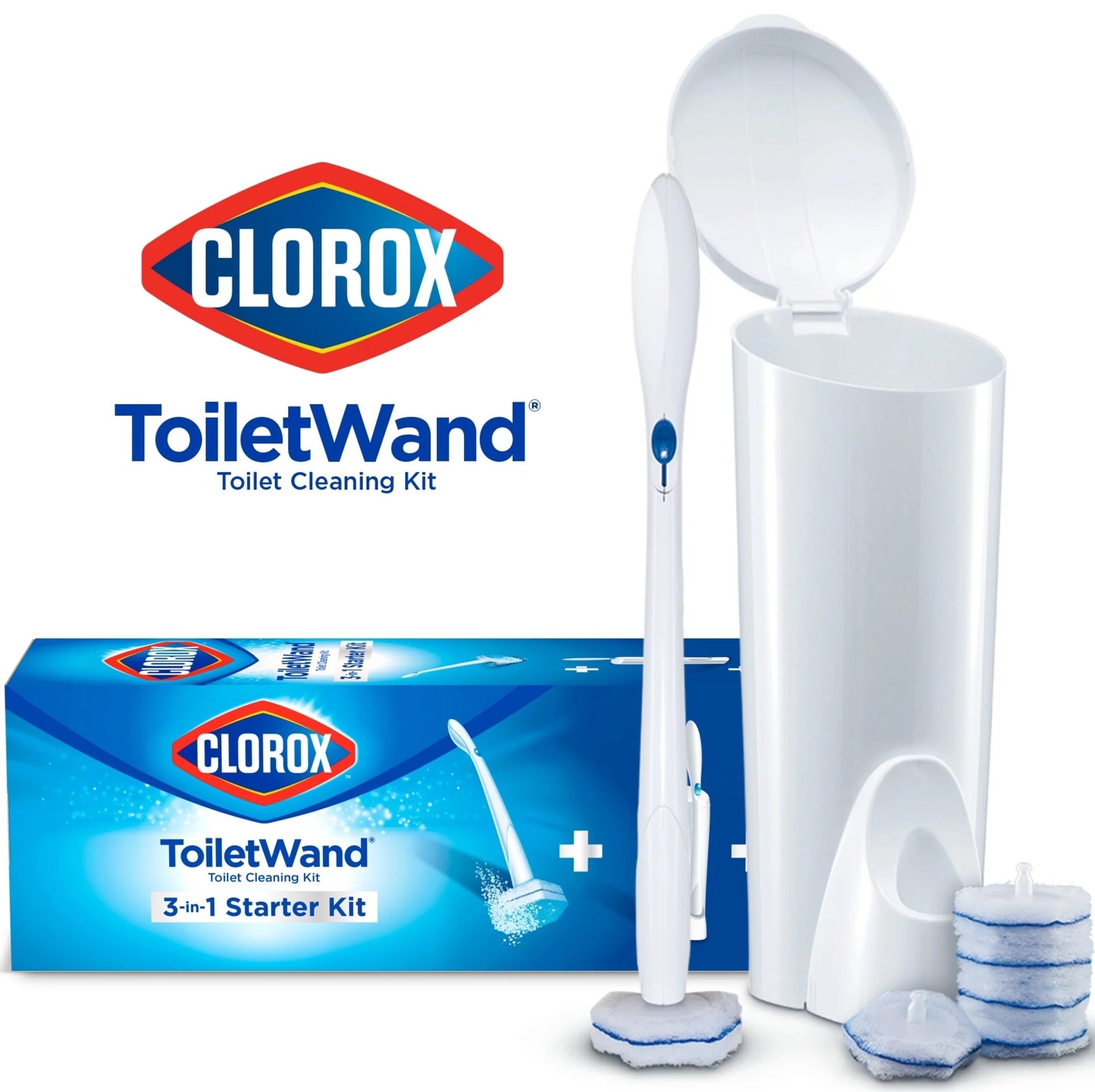 a Clorox TolietWand with a white holder and six disposable brushes