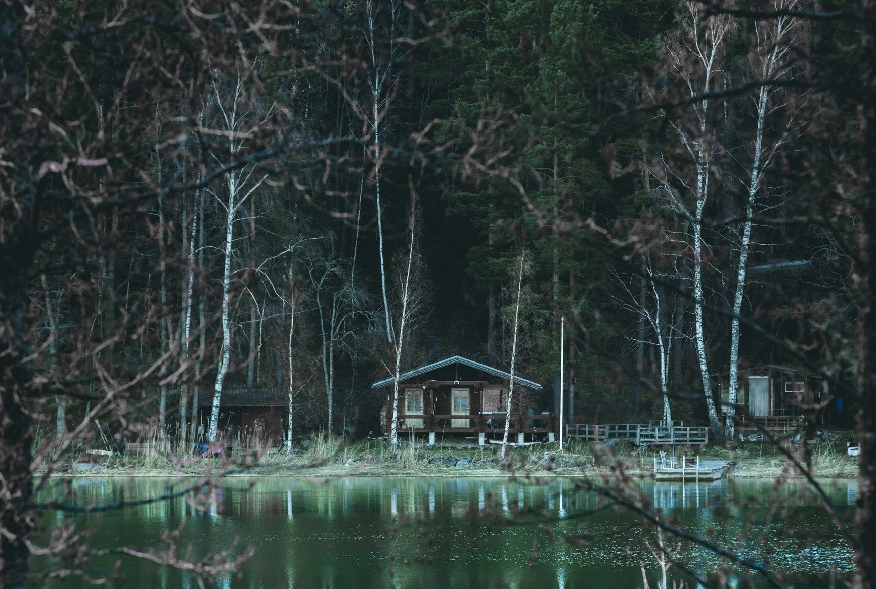 house in front of a river in the woods