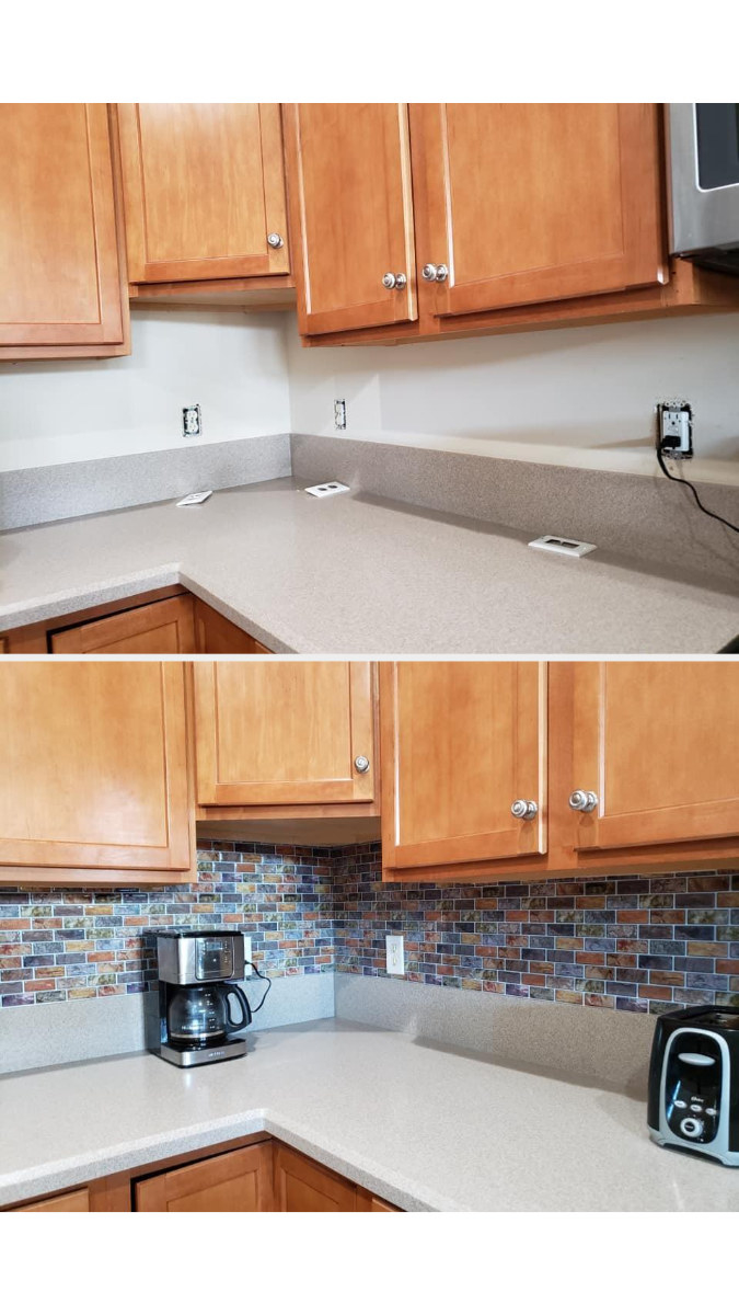 reviewer's kitchen before, with just paint for the backsplash, and after, with colorful tile instead