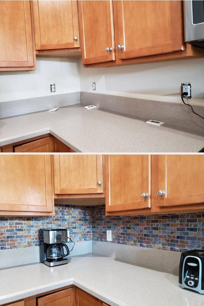 reviewer&#x27;s kitchen before, with just paint for the backsplash, and after, with colorful tile instead