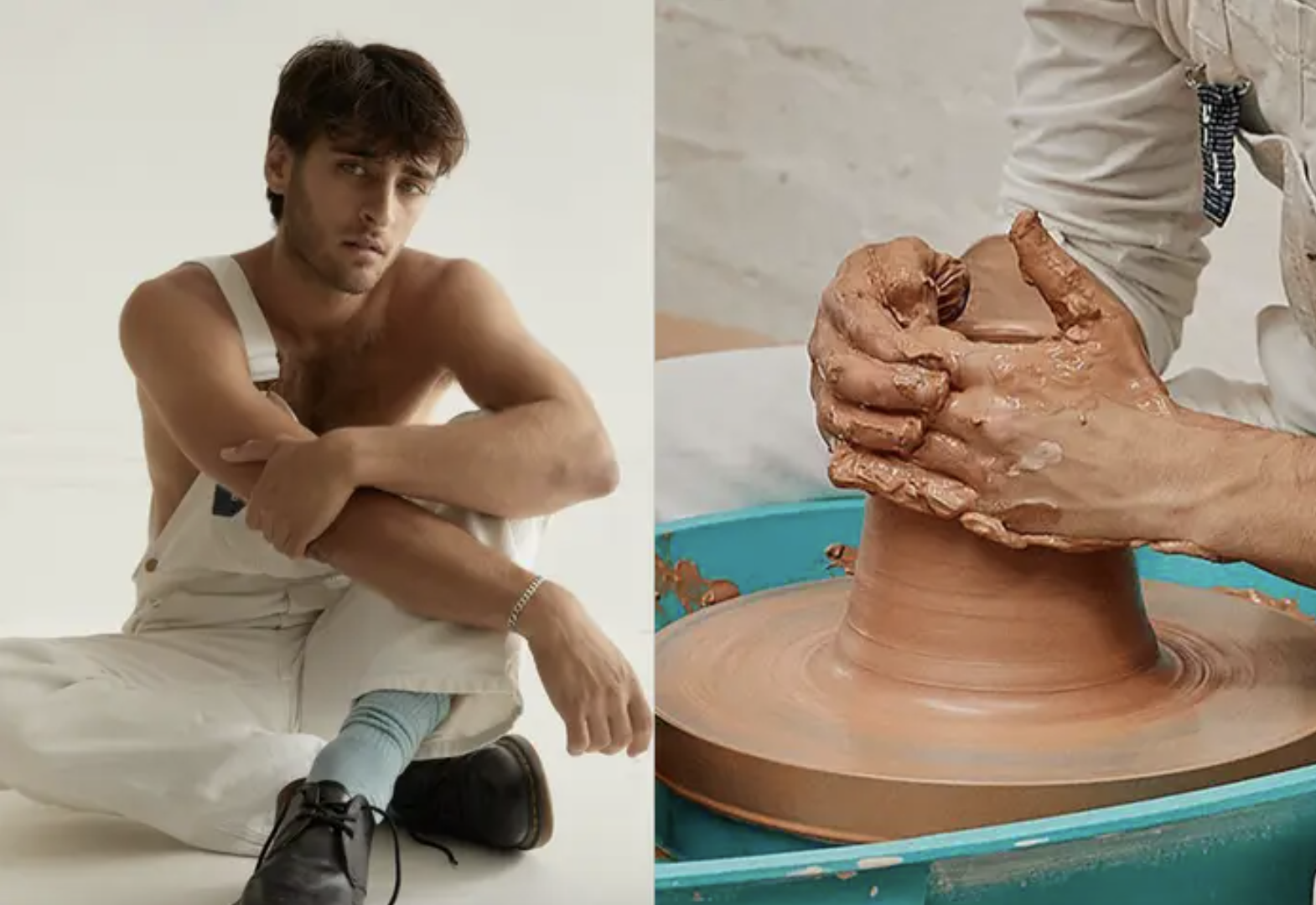 on the left: a shirtless man in white overalls; on the right: a phallic looking lump of clay being massaged on a pottery wheel
