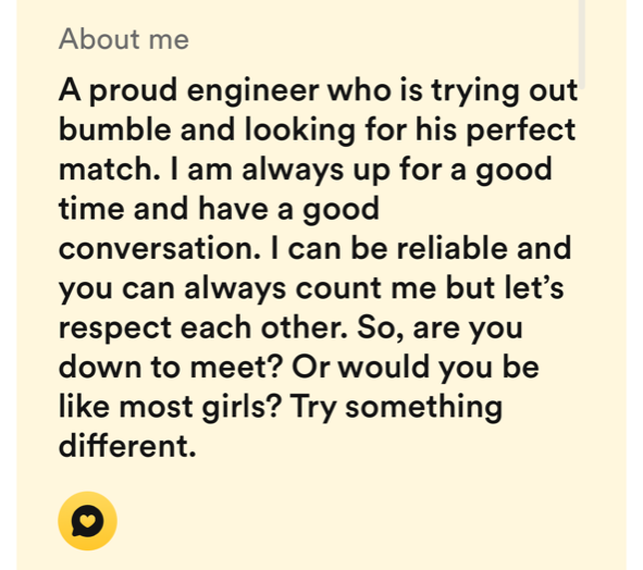 i can be reliable and you can always count on me but let&#x27;s respect each other. so are you down to meet or would you be like most girls? try something different