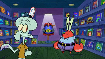 Squidward walking away as Mr. Krabs stretches out his arm and pulls him back