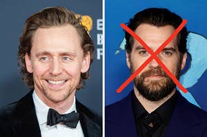 On the left, Tom Hiddleston, and on the right, Henry Cavill with an x drawn over his face