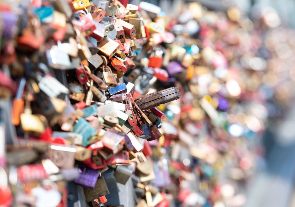 Locks attached to a bridge.