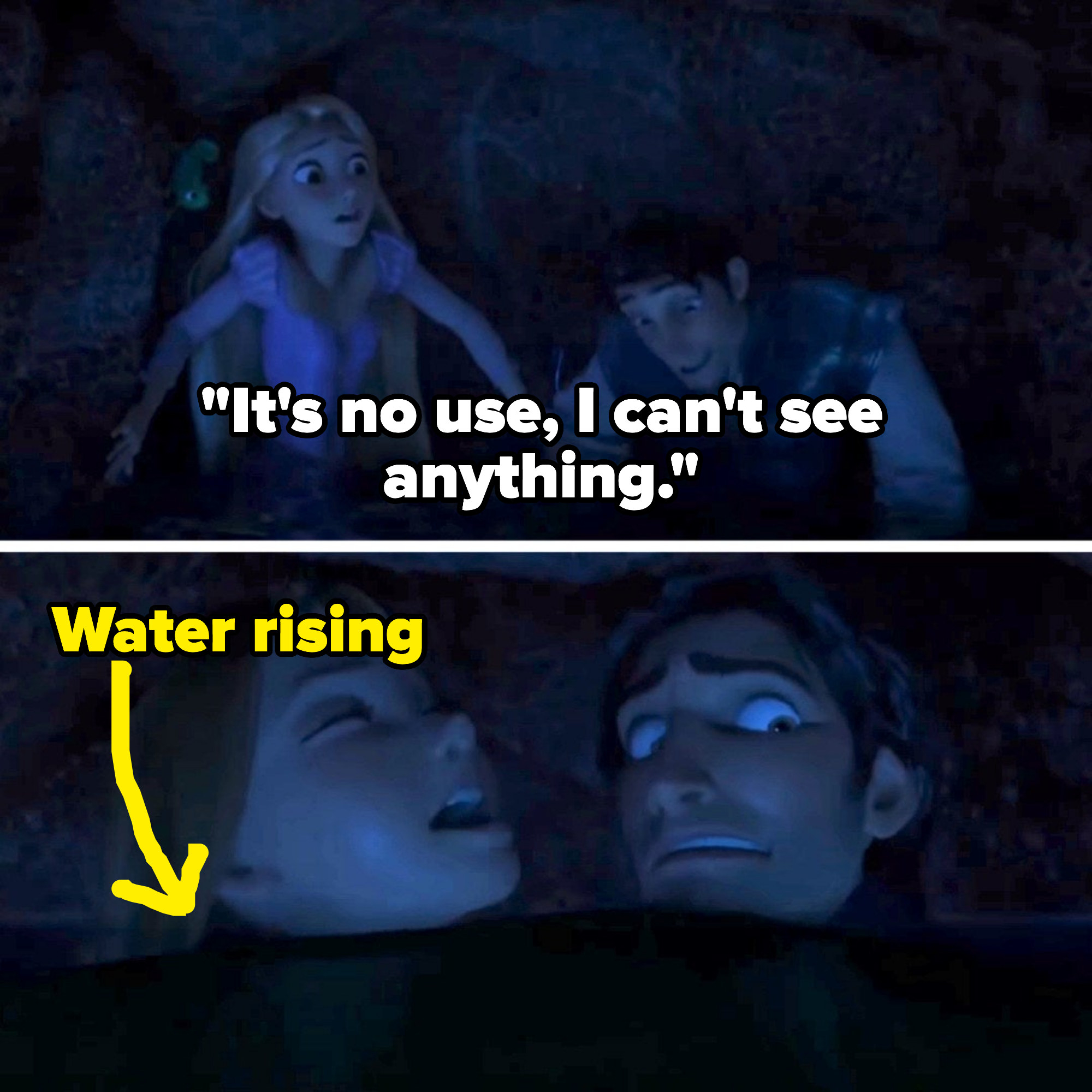 Character saying, &quot;It&#x27;s no use, I can&#x27;t see anything&quot; and the water is rising