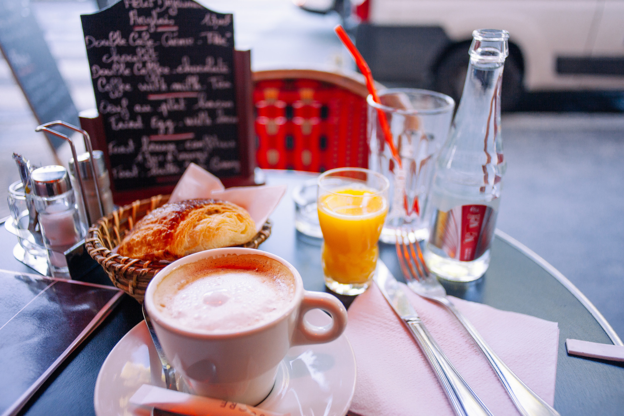 Breakfast on a table in Paris.