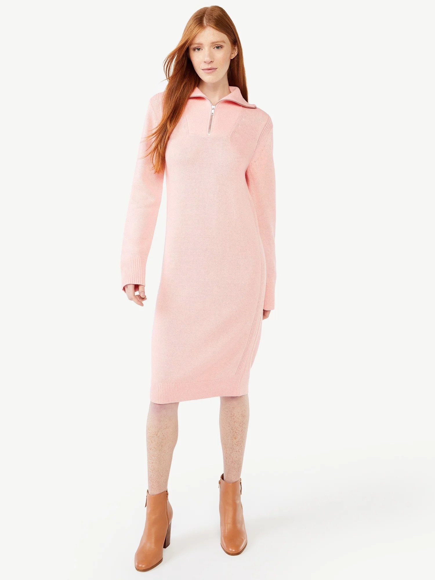 Model wearing half-zip sweater dress in light pink
