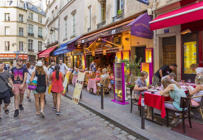 Restaurants on a street in Paris.