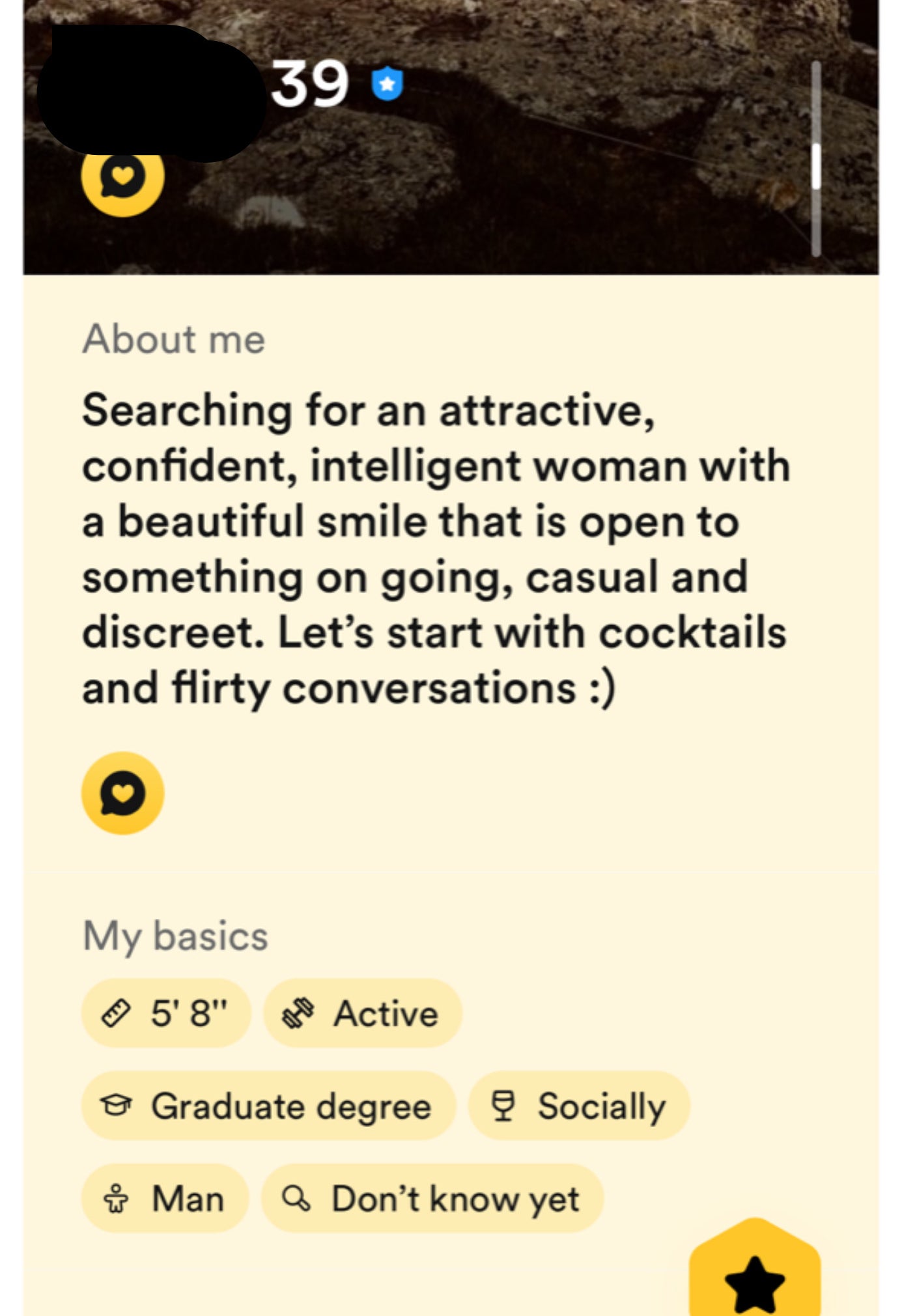 searching for an attractive confident woman with a beautiful smile that is open to something ongoing, casual and discreet. let&#x27;s start with cocktails and flirty conversations