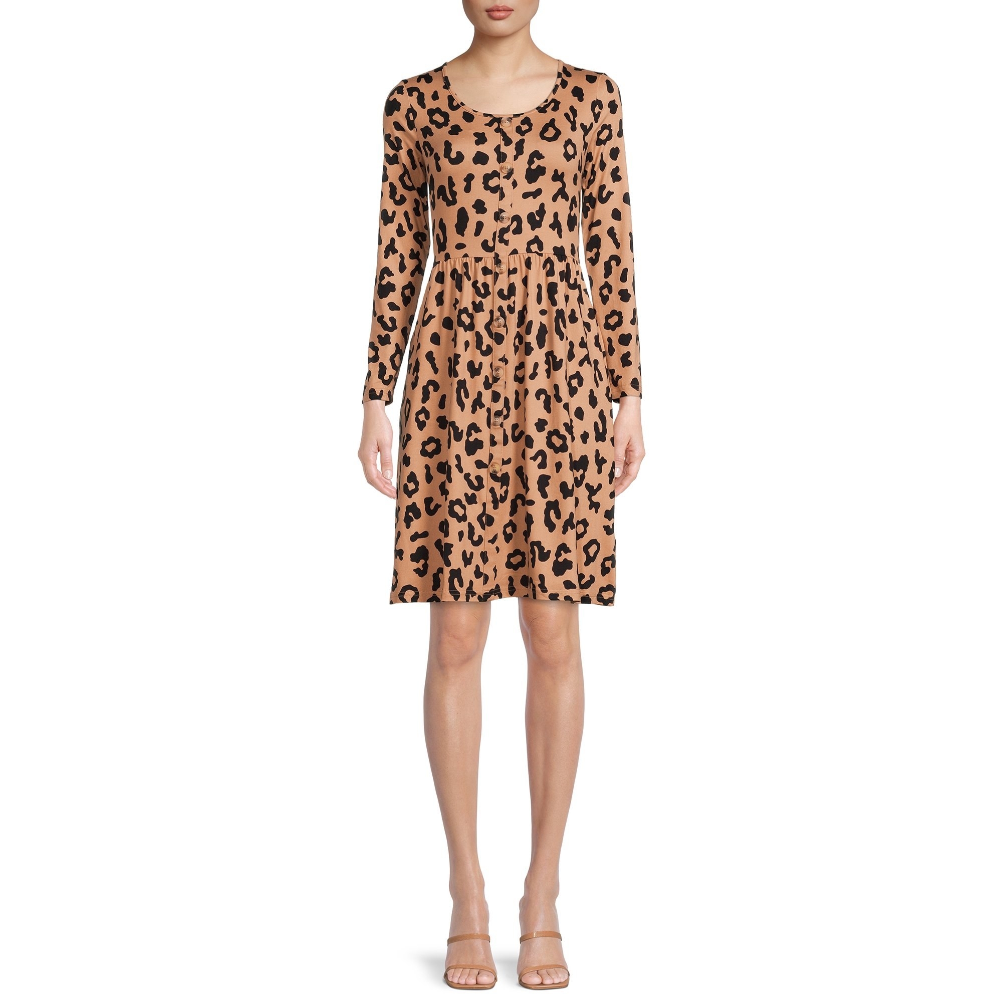 Model wearing long sleeve skater dress in leopard print