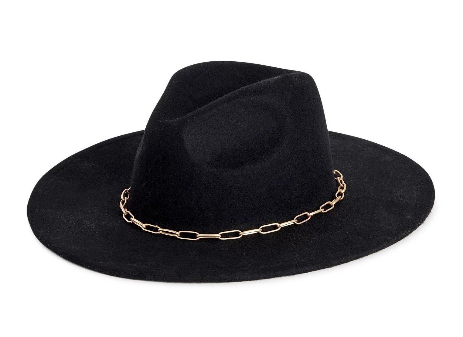 the black rancher hat with a gold-tone chain around the brim