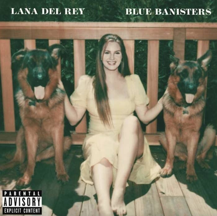 cover for &quot;Blue Banisters&quot; which is Lana sitting on a wooden deck outside, petting two german shepherds and smiling, showing all teeth