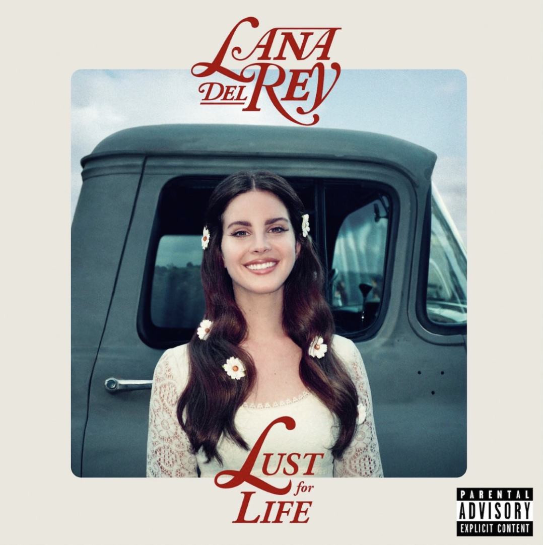 cover for &quot;Lust for Life,&quot; where Lana wears her hair down in waves, with daisies in her hair and a lace dress