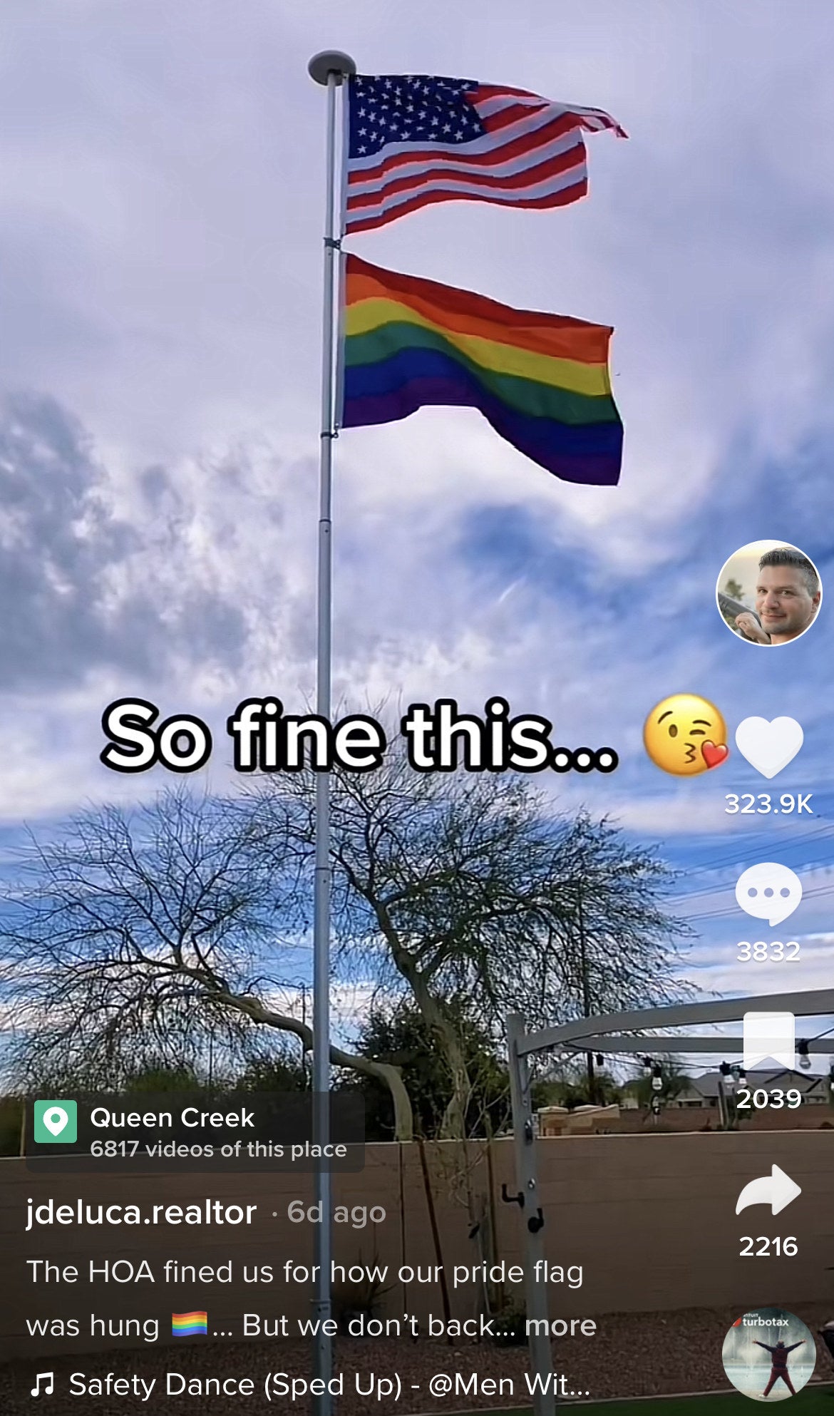 The US and pride flags flying with the caption, &quot;So fine this&quot; with a kiss face emoji