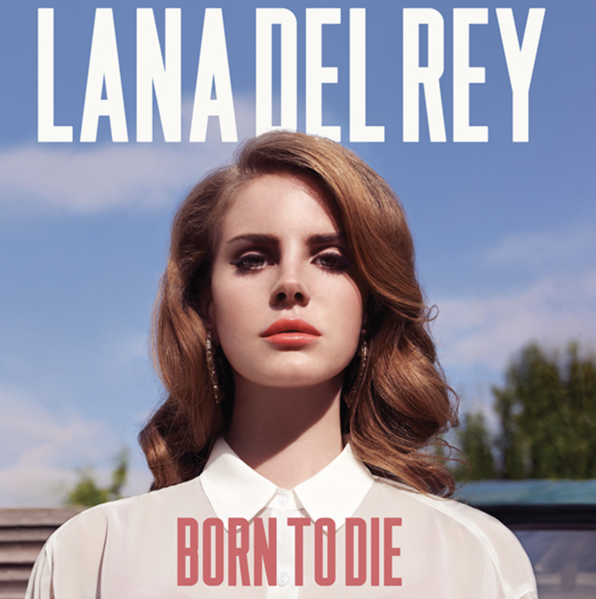 cover for &quot;Born to die,&quot; where she wears a peter pan collar shirt, wavy hair, hoop earrings, stares us down