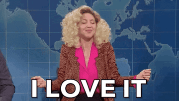 Woman on &quot;Weekend Update&quot; segment on SNL saying &quot;I love it&quot; while shaking her shoulders