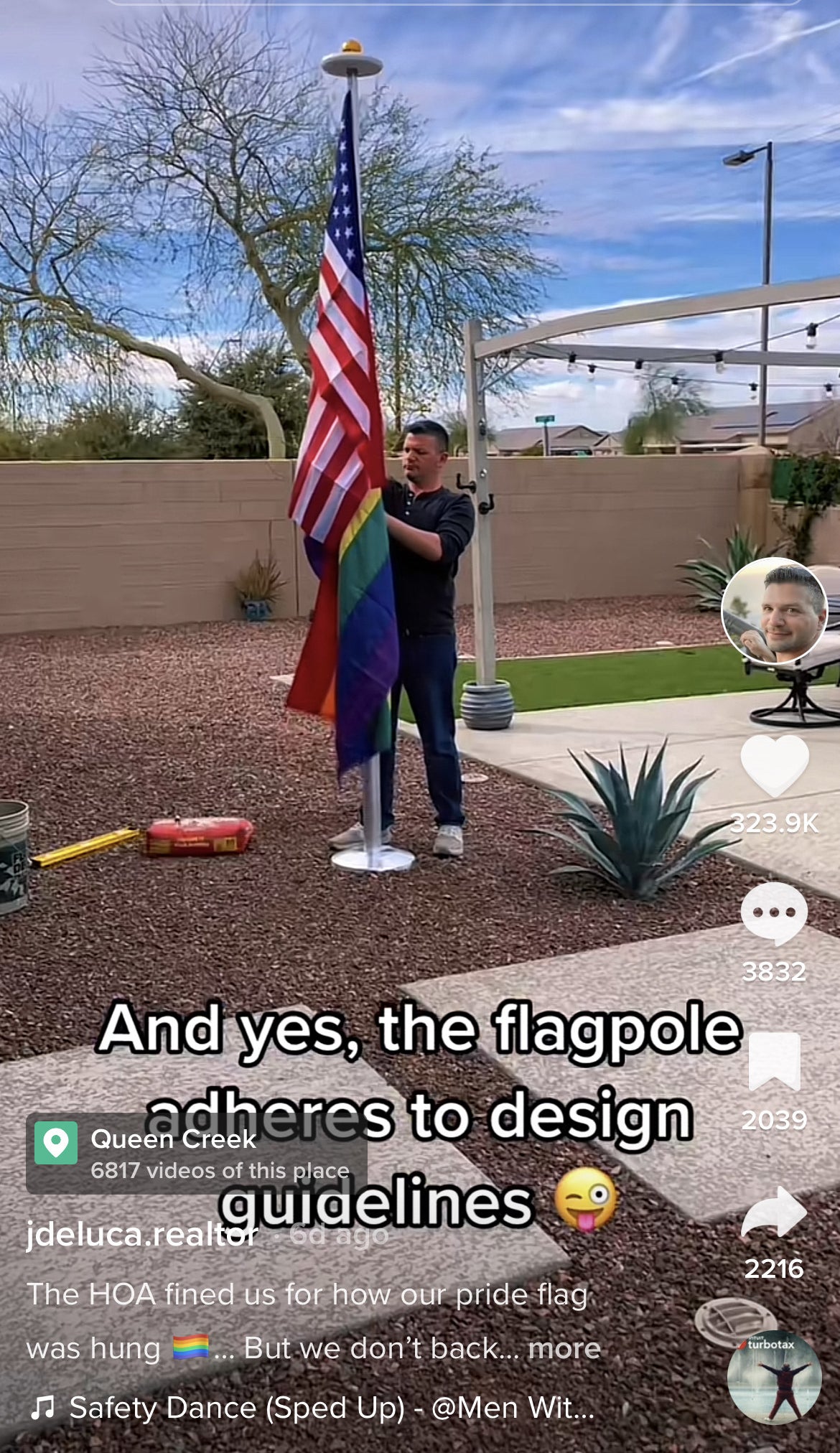 A man hanging a pride and US flag with the caption, &quot;And yes, the flagpole adheres to design guidelines&quot;
