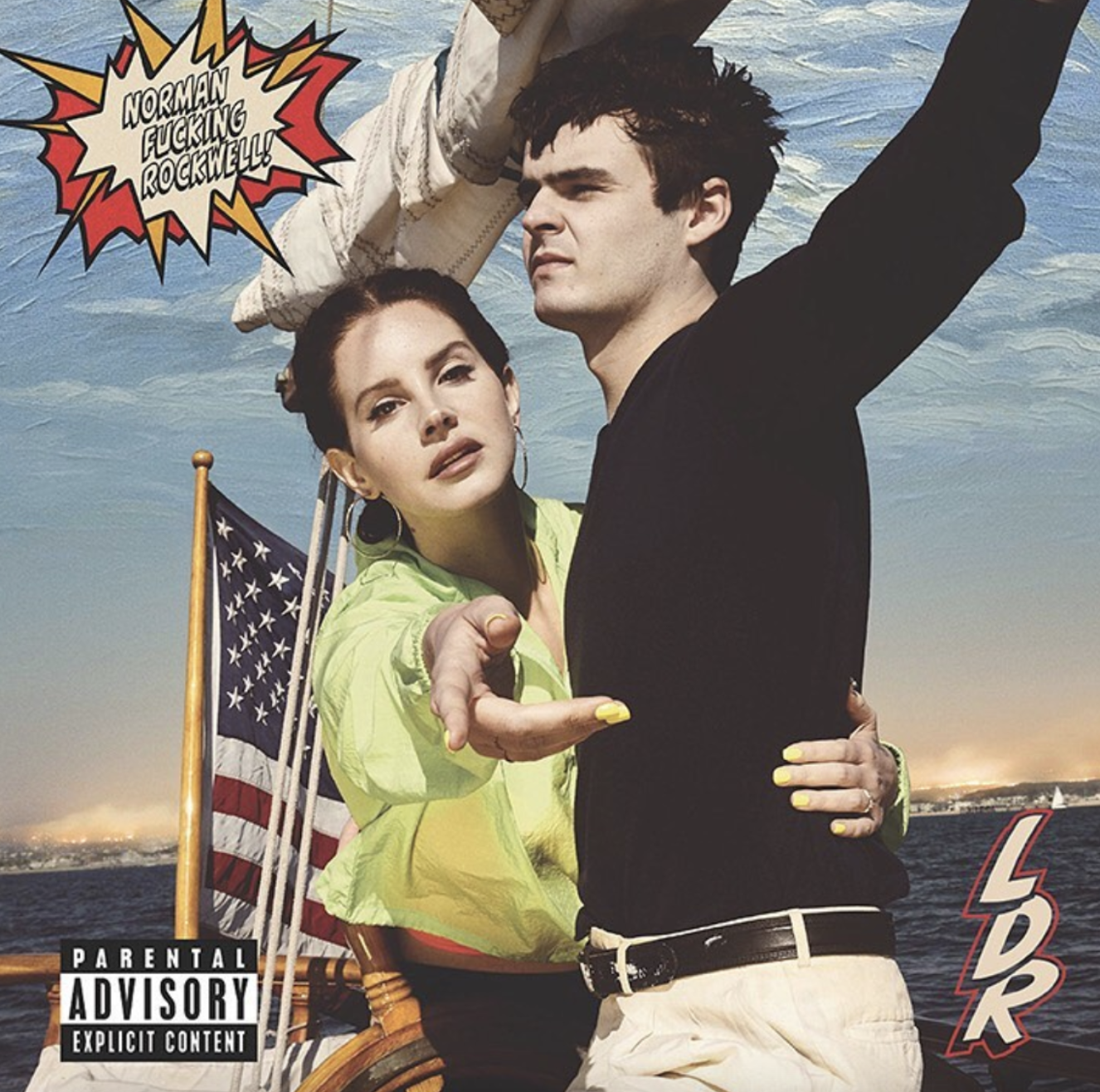 cover for &quot;Norman Fucking Rockwell!&quot; where lana and a man are on a sailboat and she reaches toward us