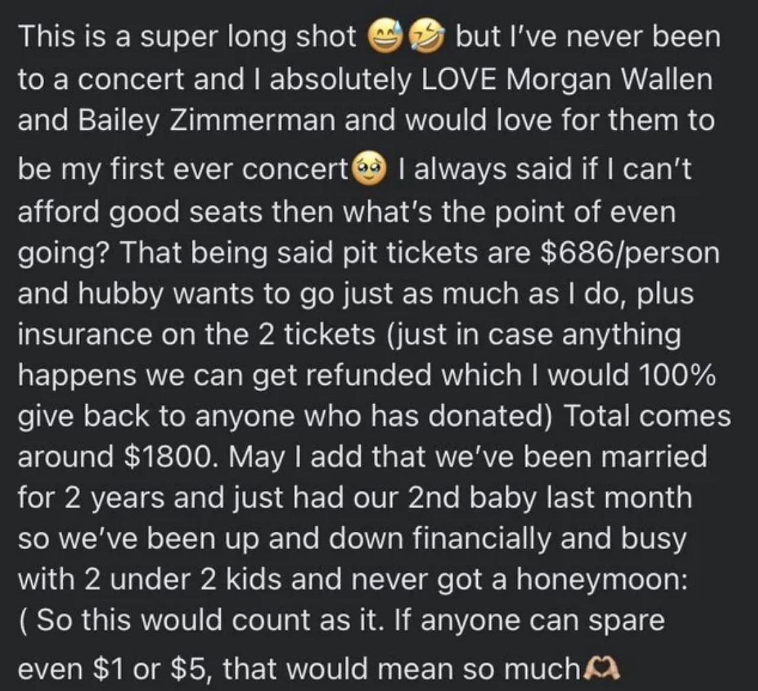 someone asking friends to help pay for them and their spouse to go to a concert
