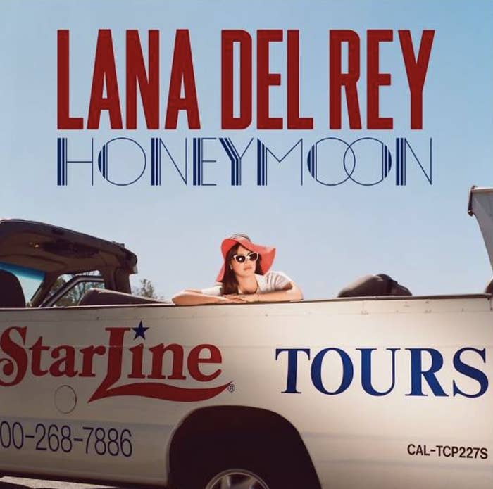 cover for &quot;Honeymoon,&quot; where lana sits in a large convertible bus wearing a sun hat and sunglasses.