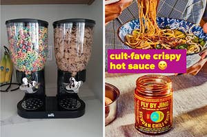 cereal dispenser and hot sauce 