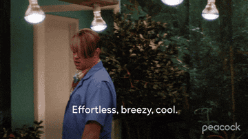 gif of character Kev Hamlin on Girls5eva saying &quot;effortless, breezy, cool&quot;