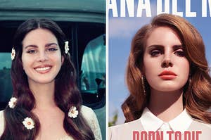 two images side-by-side of lana del rey; on the left is from the "lust for life" album cover, the other from "born to die"