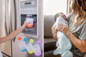on left, child filling plastic orange cup with water at fridge. on right, model holding baby wrapped in a gray swaddle