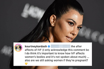 Kourtney Kardashian on the red carpet with an inset of her comment on Instagram, which talks about the after effects of IVF