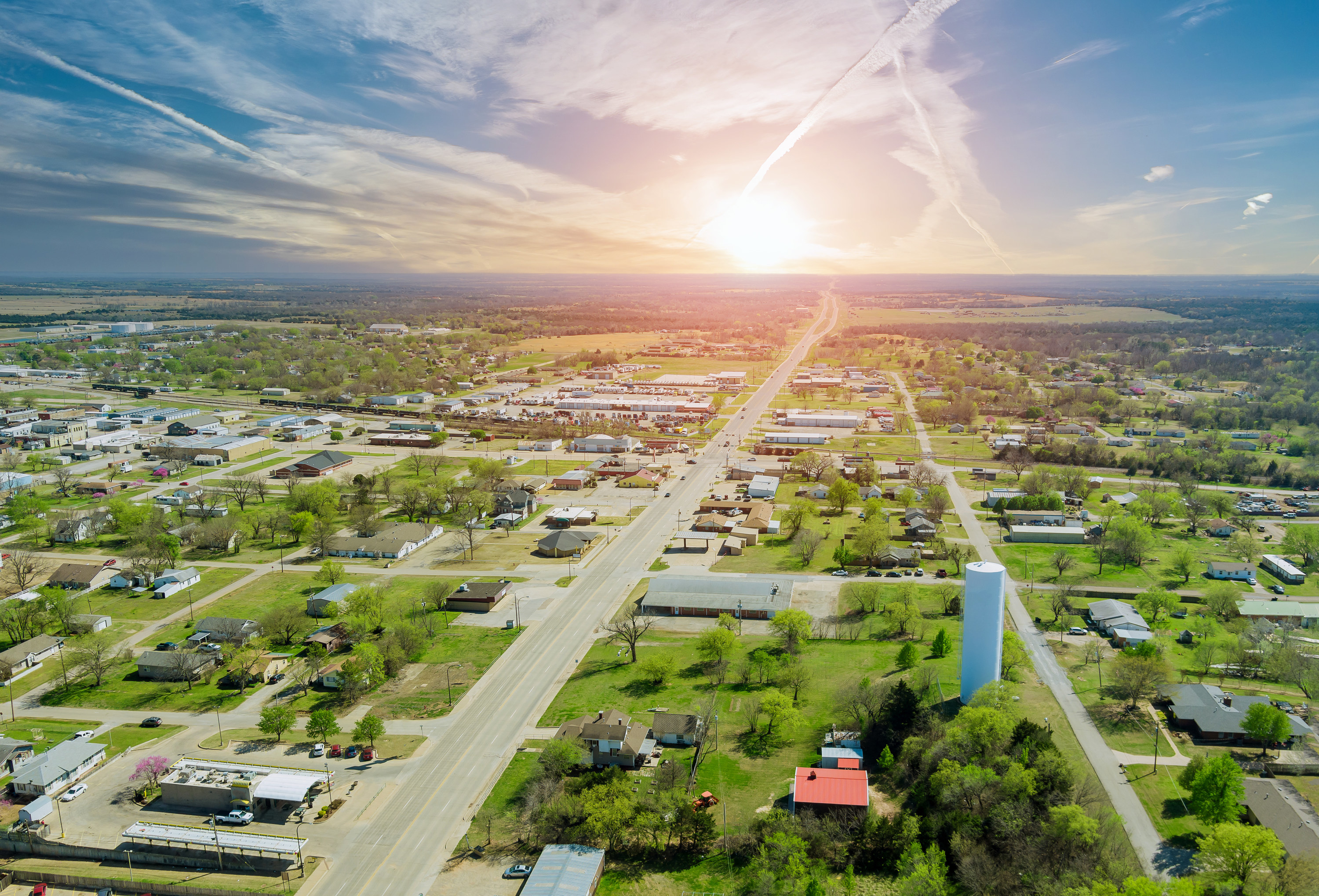 Panorama landscape scenic aerial view of a suburban settlement in a beautiful detached houses in Stroud, Oklahoma