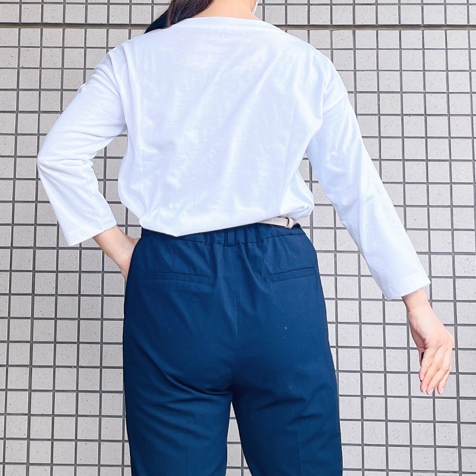 無印良品のおすすめレディースファッション「天竺編みボートネック七分袖Tシャツ」のコーディネート