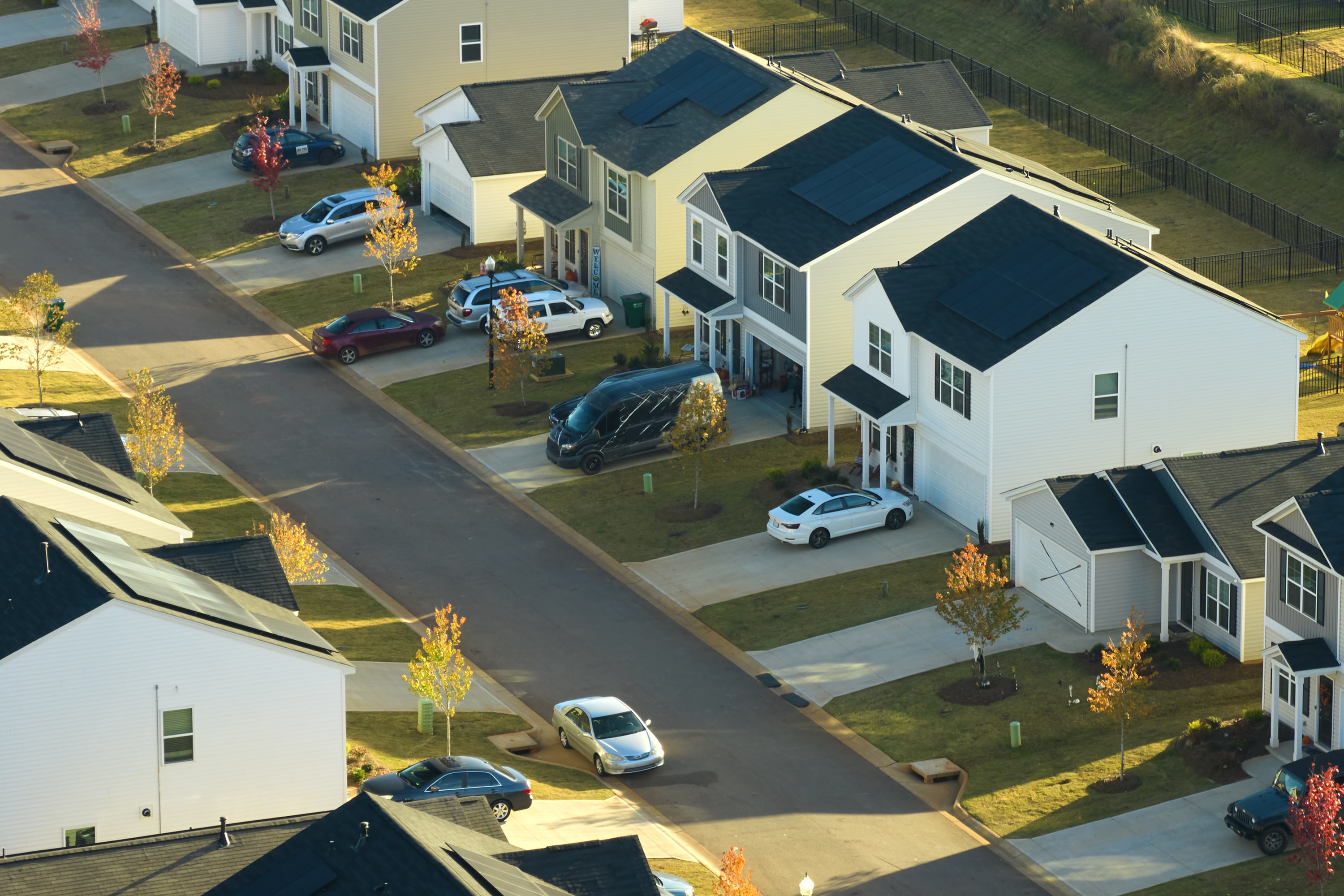 View from above of densely built residential houses in living area in South Carolina