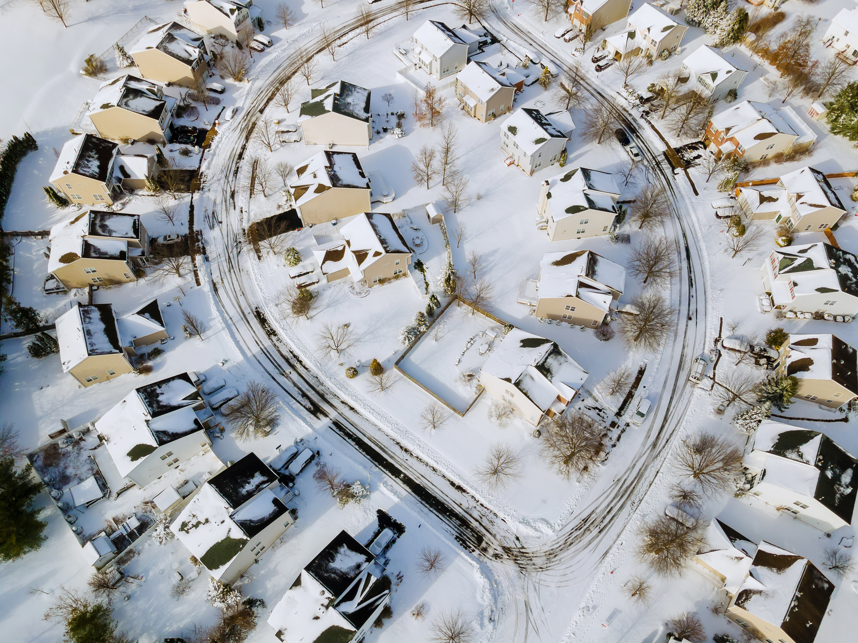 Amazing winter aerial view of small town the after snowfall in Pennsylvania US