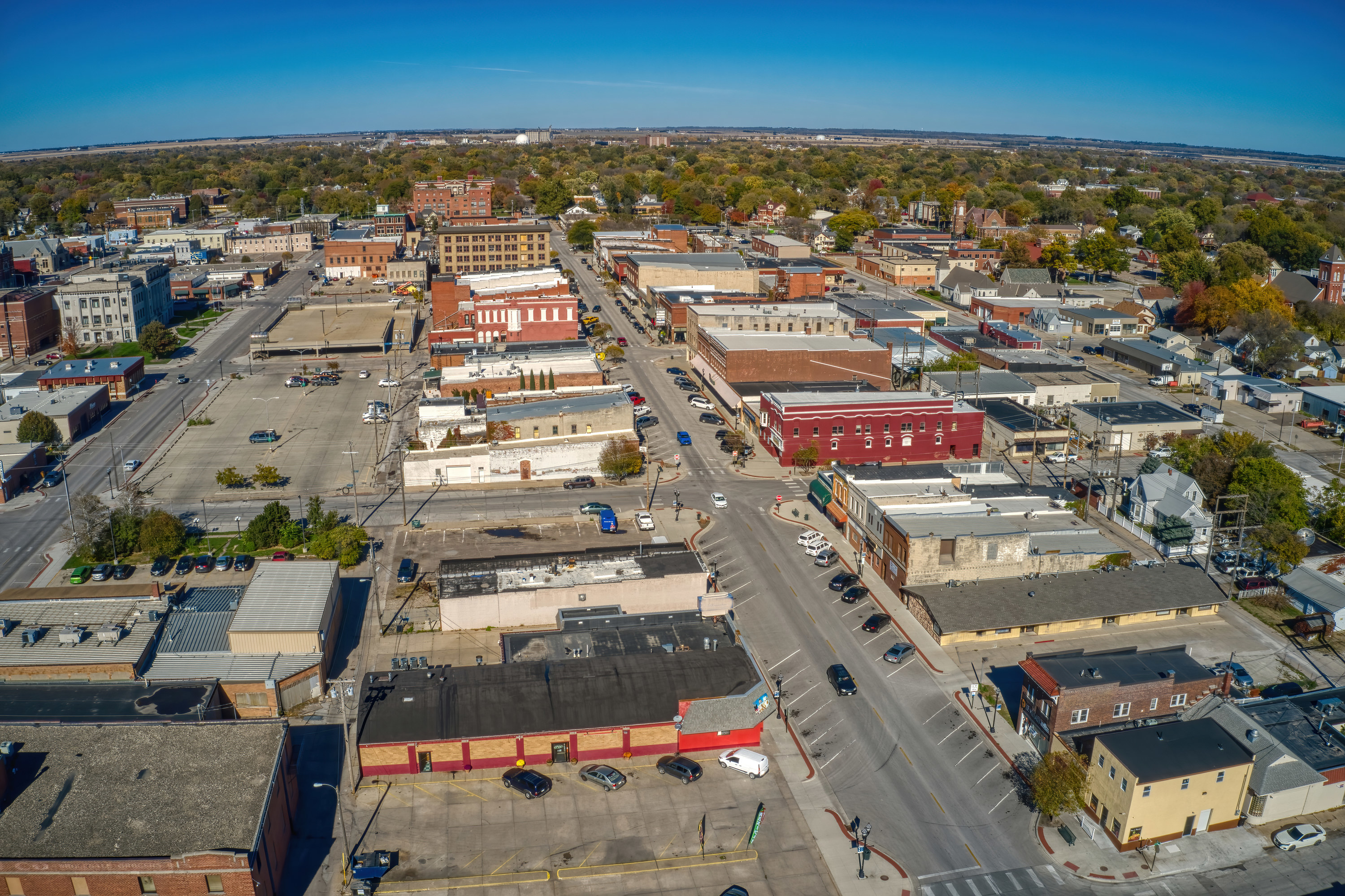 An aerial shot of the Omaha Suburb of Fremont in Nebraska