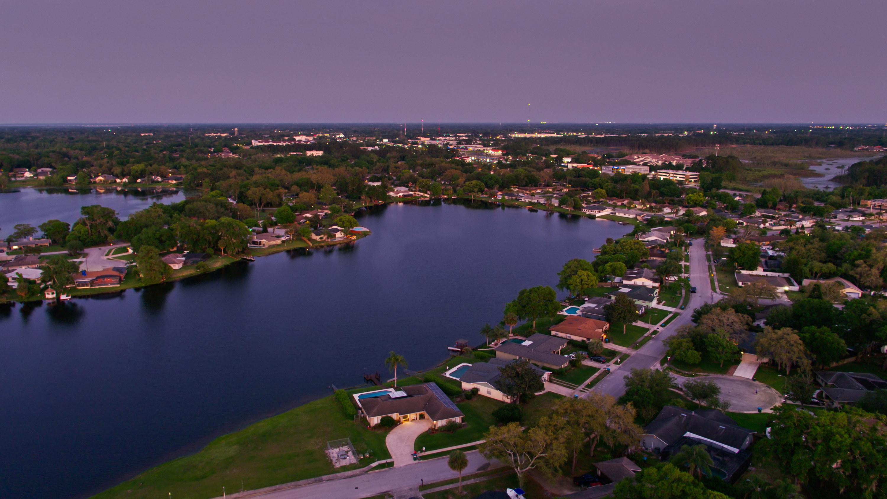 Aerial shot of the Orlando suburb of Longwood, Florida on a spring evening at twilight